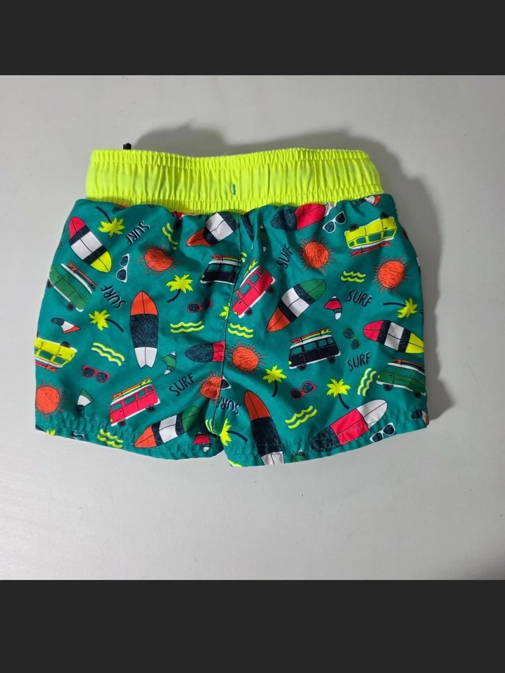 Cat & Jack Teal Swim Trunks with Neon Yellow Waistband and Surf Print